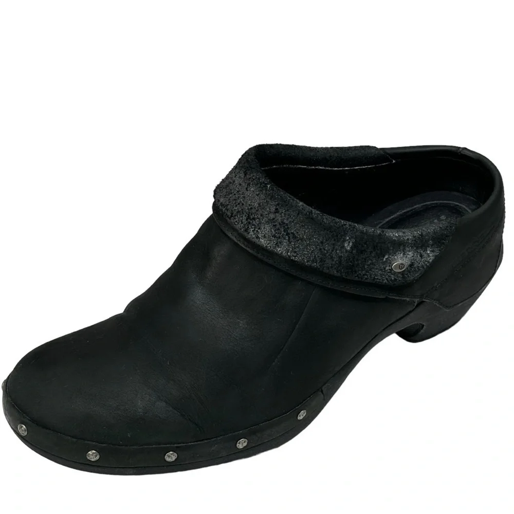 Merrell Black Luxe Leather Wrap 2.5” Slip On Clog w Nickel Stud Accents Size 11 - Picture 3 of 14